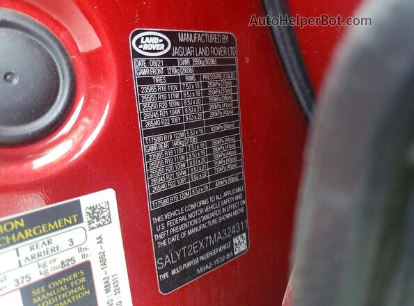SALYT2EX7MA324311 2021 LAND ROVER RANGE Красный 