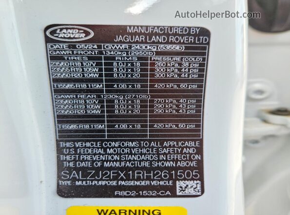SALZJ2FX1RH261505 2024 LAND ROVER RANGE White VIN კოდის სტიკერის ხედი