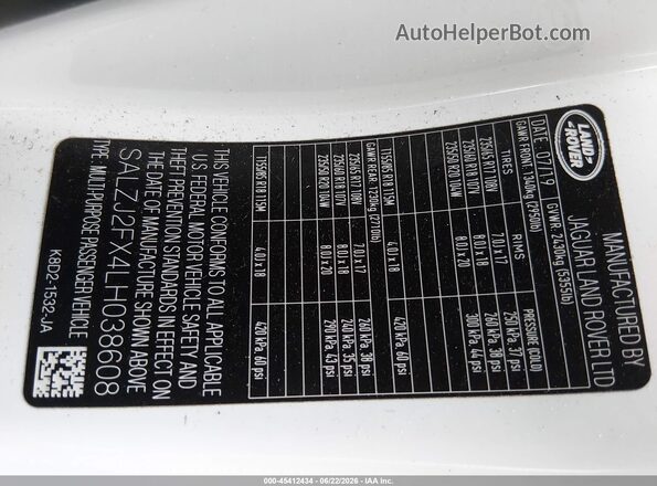 SALZJ2FX4LH038608 2020 LAND ROVER RANGE ROVER EVOQUE White ძრავის განყოფილების ხედი