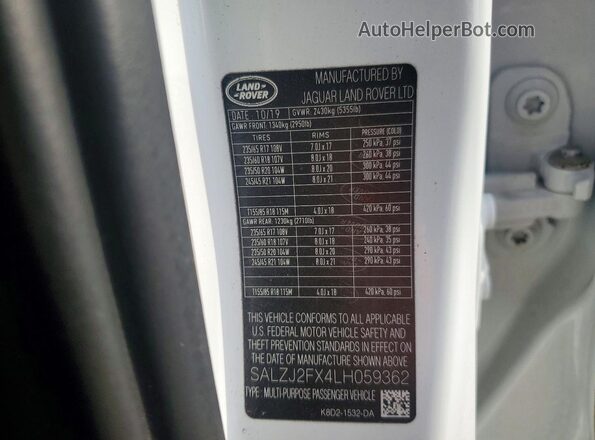 SALZJ2FX4LH059362 2020 LAND ROVER RANGE White VIN კოდის სტიკერის ხედი