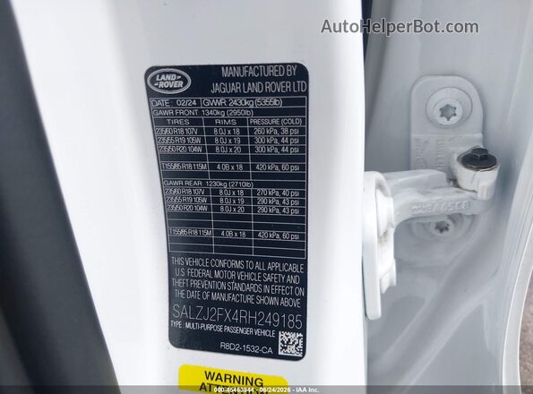 SALZJ2FX4RH249185 2024 LAND ROVER RANGE ROVER EVOQUE White Շարժիչի բաժամունքի տեսք
