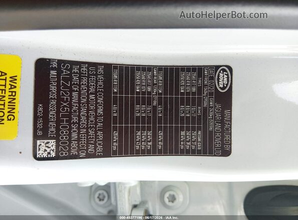 SALZJ2FX5LH088028 2020 LAND ROVER RANGE ROVER EVOQUE White Engine compartment view