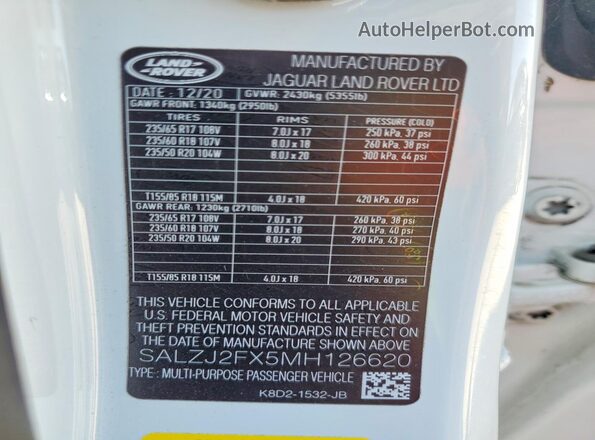 SALZJ2FX5MH126620 2021 LAND ROVER RANGE White VIN sticker view