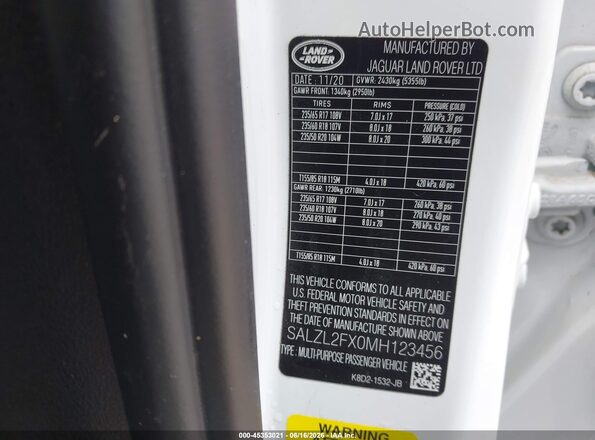 SALZL2FX0MH123456 2021 LAND ROVER RANGE ROVER EVOQUE White Շարժիչի բաժամունքի տեսք