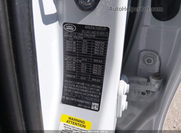 SALZL2FX1LH026359 2020 LAND ROVER RANGE ROVER EVOQUE White Вид підкапотного простору