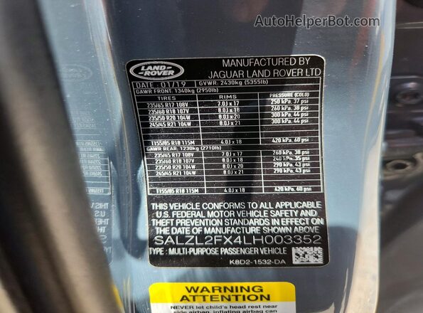 SALZL2FX4LH003352 2020 LAND ROVER RANGE Gray 