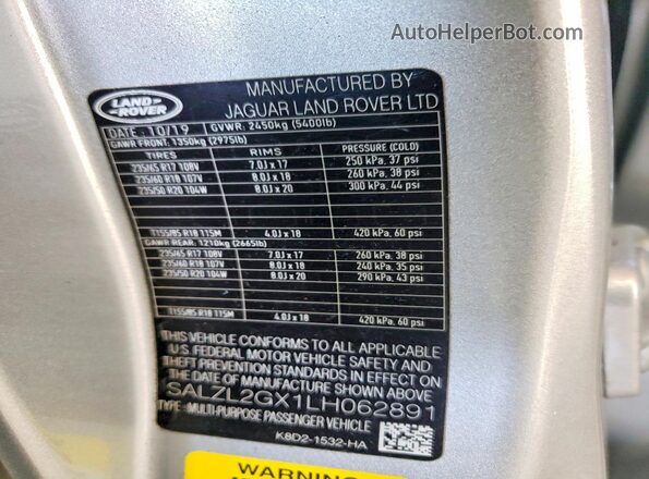 SALZL2GX1LH062891 2020 LAND ROVER RANGE Silver 