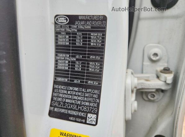 SALZL2GX9LH083729 2020 LAND ROVER RANGE White Widok naklejki z numerem VIN