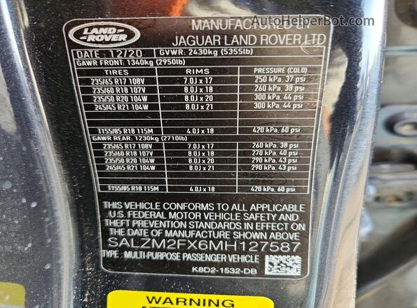 SALZM2FX6MH127587 2021 LAND ROVER RANGE Gray Widok wnętrza 360 stopni