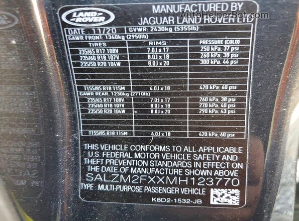 SALZM2FXXMH123770 2021 LAND ROVER RANGE Black VIN კოდის სტიკერის ხედი