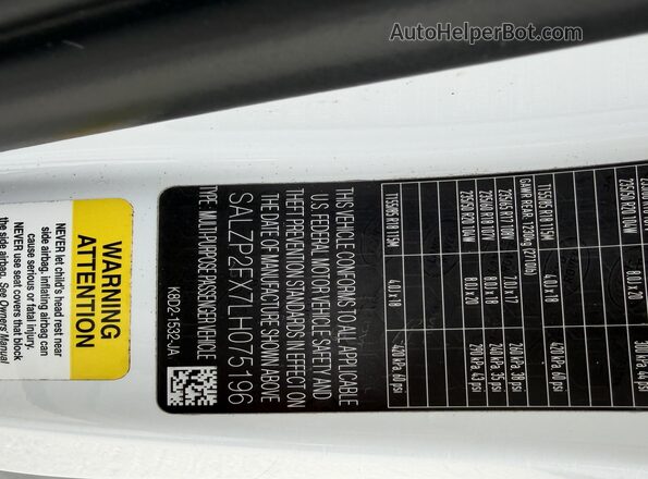 SALZP2FX7LH075196 2020 LAND ROVER RANGE ROVER EVOQUE White Engine compartment view