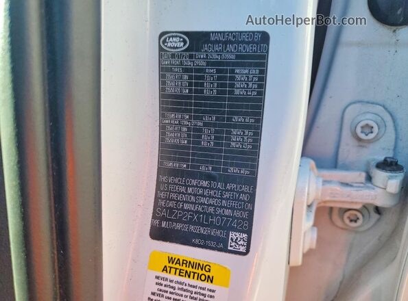 SALZP2FX1LH077428 2020 LAND ROVER RANGE White Սալոնի 360 աստիճան տեսք