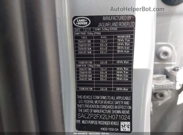 SALZP2FX2LH071024 2020 LAND ROVER RANGE ROVER EVOQUE Серебряный Вид подкапотного пространства