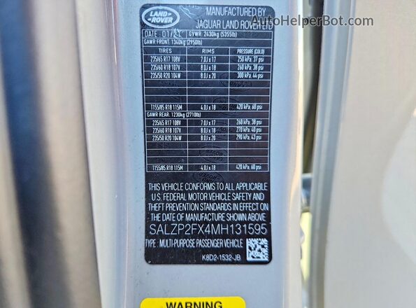 SALZP2FX4MH131595 2021 LAND ROVER RANGE Gray 