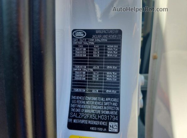SALZP2FX5LH031794 2020 LAND ROVER RANGE White Engine compartment view