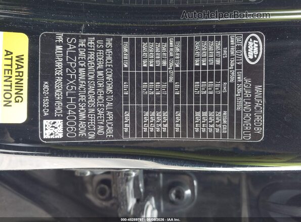 SALZP2FX5LH040060 2020 LAND ROVER RANGE ROVER EVOQUE Черный Вид подкапотного пространства