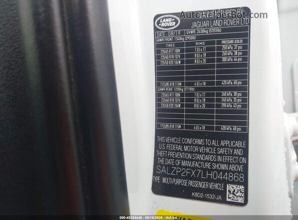 SALZP2FX7LH044868 2020 LAND ROVER RANGE ROVER EVOQUE White Շարժիչի բաժամունքի տեսք