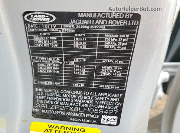 SALZP2FX8LH059427 2020 LAND ROVER RANGE Gray Вид підкапотного простору