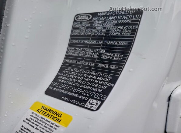 SALZP2FX8PH227623 2023 LAND ROVER RANGE White 