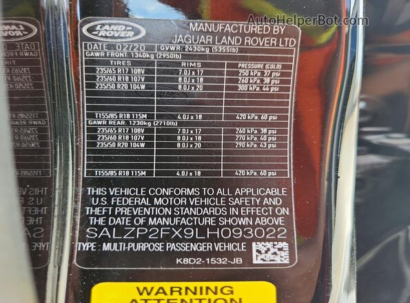 SALZP2FX9LH093022 2020 LAND ROVER RANGE Black Widok wnętrza 360 stopni
