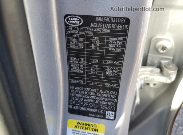 SALZP2FXXLH039373 2020 LAND ROVER RANGE Silver Սալոնի 360 աստիճան տեսք