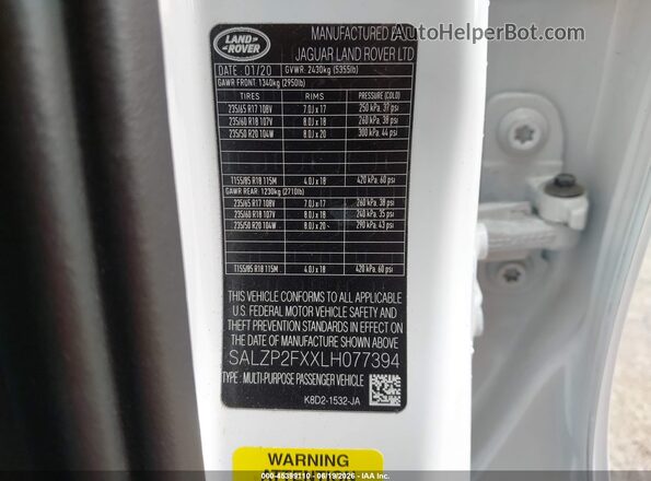 SALZP2FXXLH077394 2020 LAND ROVER RANGE ROVER EVOQUE White Engine compartment view