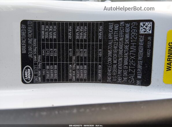 SALZT2FX7MH129979 2021 LAND ROVER RANGE ROVER EVOQUE White Вид підкапотного простору