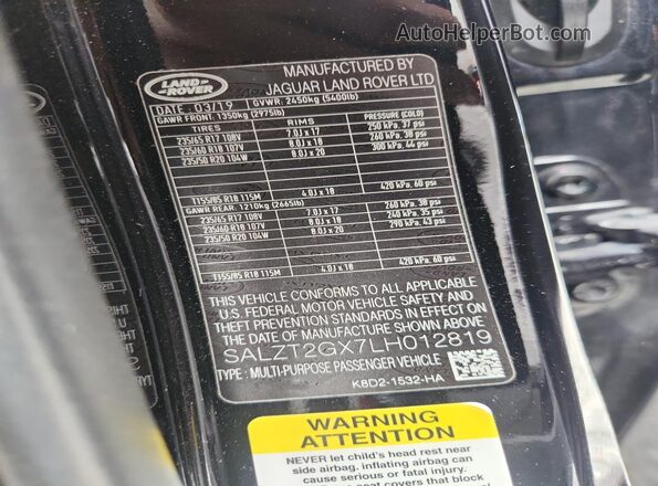 SALZT2GX7LH012819 2020 LAND ROVER RANGE Black 