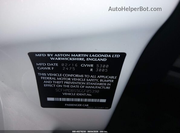 SCFHMDBS5GGF05390 2016 ASTON MARTIN RAPIDE S Белый Вид подкапотного пространства
