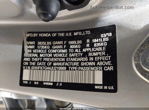 SHHFK7G44JU219969 2018 HONDA CIVIC Black ძრავის განყოფილების ხედი