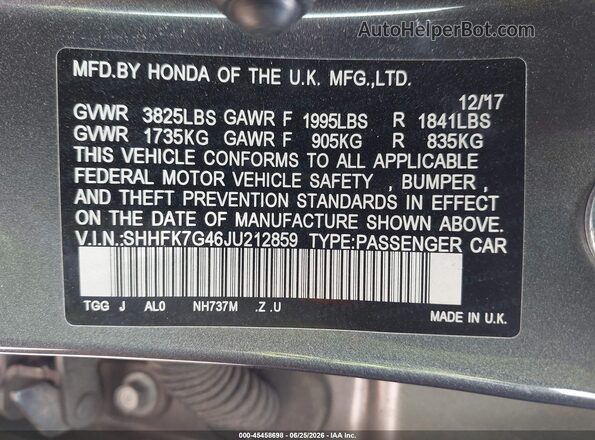 SHHFK7G46JU212859 2018 HONDA CIVIC Серый Вид подкапотного пространства