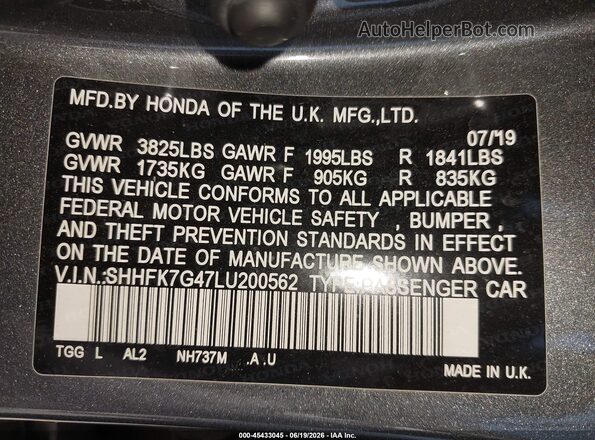 SHHFK7G47LU200562 2020 HONDA CIVIC Gray ძრავის განყოფილების ხედი
