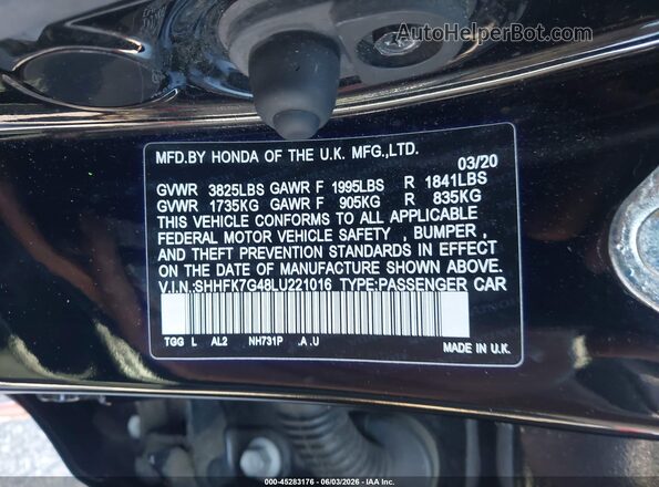 SHHFK7G48LU221016 2020 HONDA CIVIC Black Вид підкапотного простору