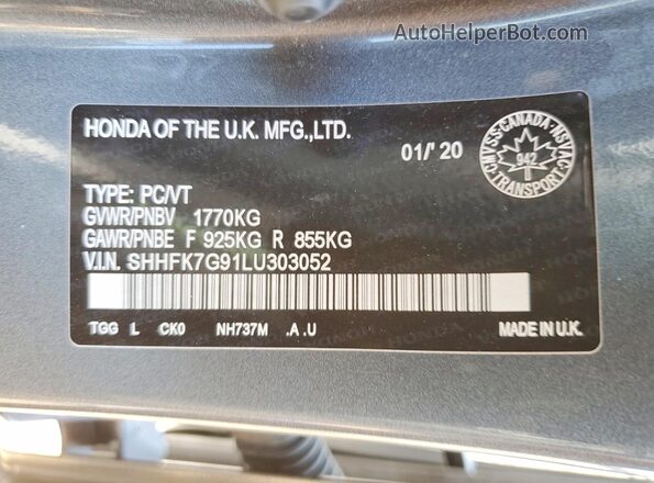 SHHFK7G91LU303052 2020 HONDA CIVIC Gray VIN კოდის სტიკერის ხედი