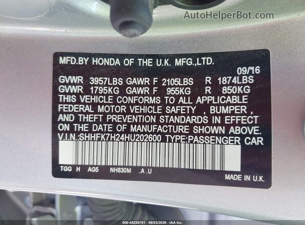 SHHFK7H24HU202600 2017 HONDA CIVIC Silver Вид підкапотного простору