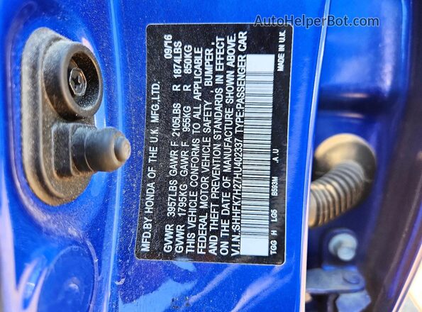 SHHFK7H27HU402337 2017 HONDA CIVIC Blue Vista del compartimento del motor