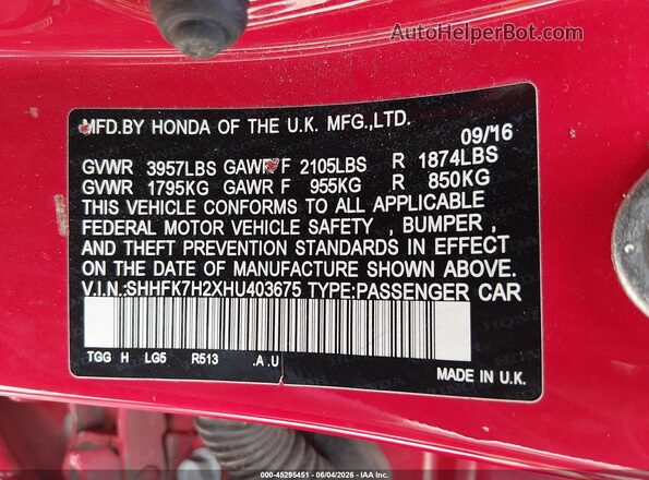 SHHFK7H2XHU403675 2017 HONDA CIVIC Red Vista del compartimento del motor