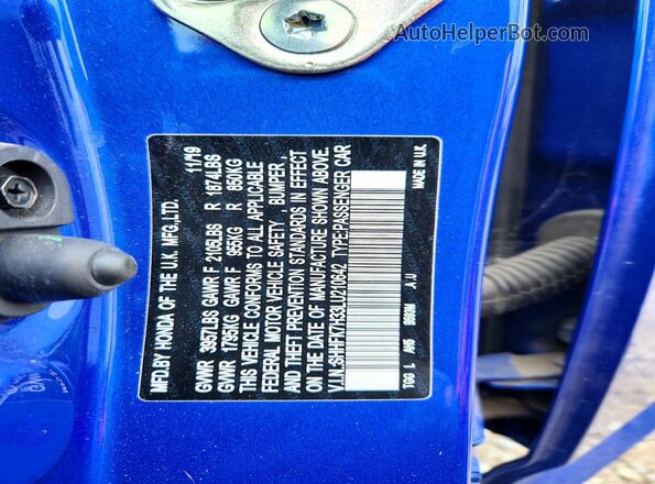 SHHFK7H33LU210642 2020 HONDA CIVIC Blue Widok naklejki z numerem VIN