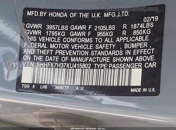 SHHFK7H37KU415802 2019 HONDA CIVIC Blue Widok komory silnika