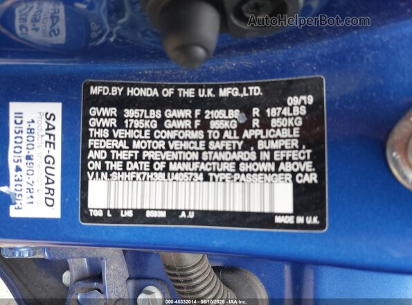 SHHFK7H38LU405734 2020 HONDA CIVIC Blue Engine compartment view
