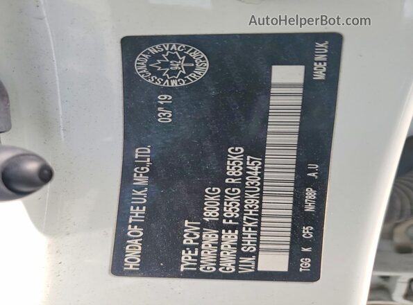 SHHFK7H39KU304457 2019 HONDA CIVIC White VIN կոդի պիտակի տեսք