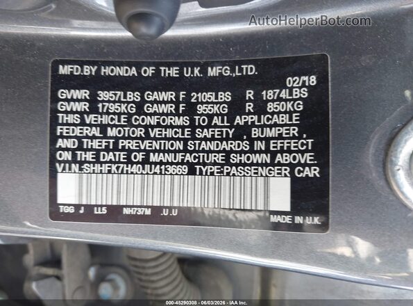 SHHFK7H40JU413669 2018 HONDA CIVIC Gray ძრავის განყოფილების ხედი