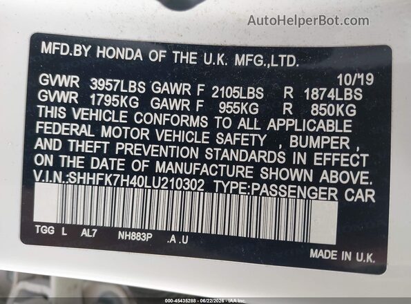 SHHFK7H40LU210302 2020 HONDA CIVIC White Vista del compartimento del motor