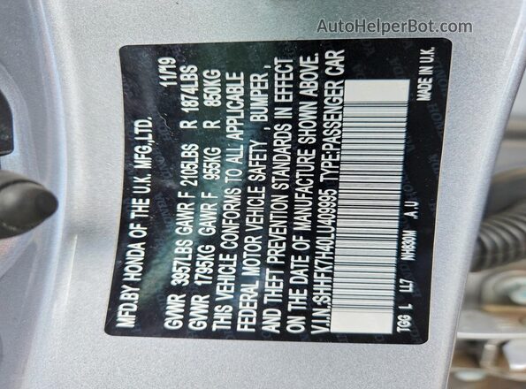 SHHFK7H40LU409995 2020 HONDA CIVIC Silver Vista del compartimento del motor