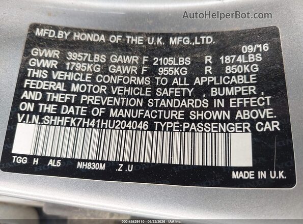 SHHFK7H41HU204046 2017 HONDA CIVIC Blue Vista del compartimento del motor