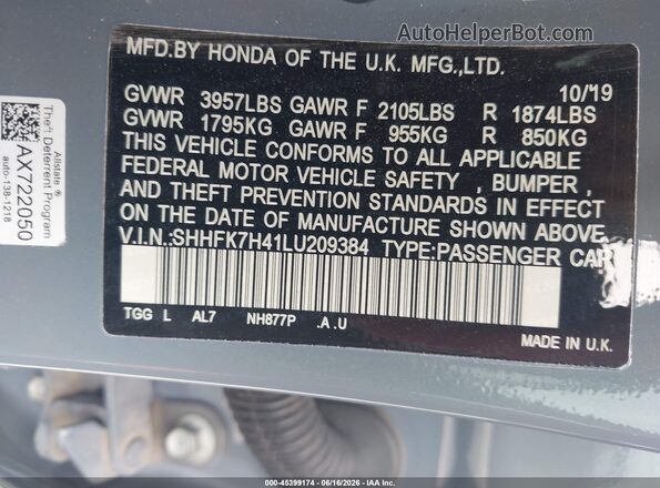SHHFK7H41LU209384 2020 HONDA CIVIC Blue Շարժիչի բաժամունքի տեսք