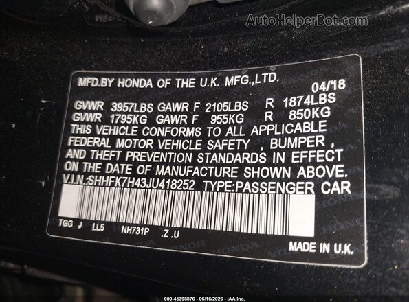 SHHFK7H43JU418252 2018 HONDA CIVIC Black Engine compartment view