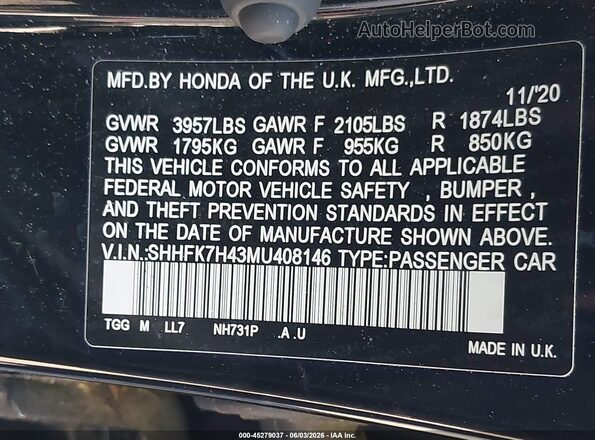 SHHFK7H43MU408146 2021 HONDA CIVIC Black Widok komory silnika