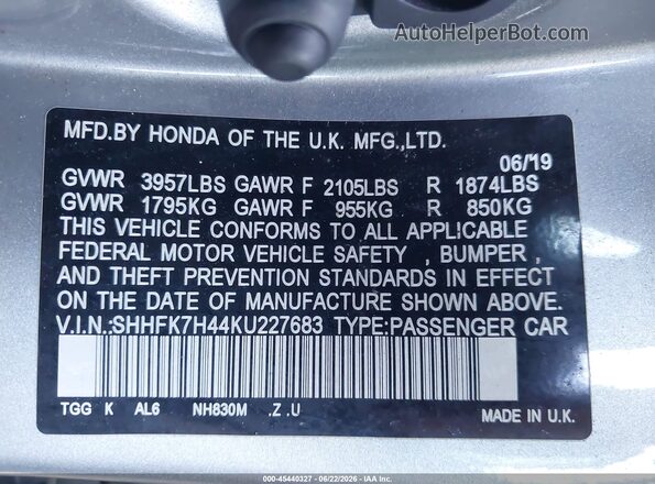 SHHFK7H44KU227683 2019 HONDA CIVIC Silver Вид підкапотного простору