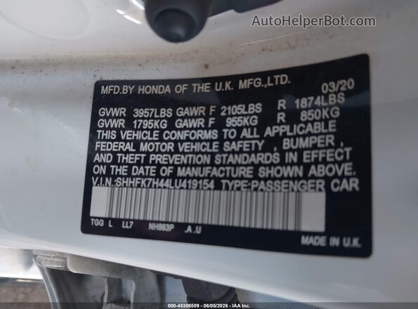 SHHFK7H44LU419154 2020 HONDA CIVIC White Vista del compartimento del motor